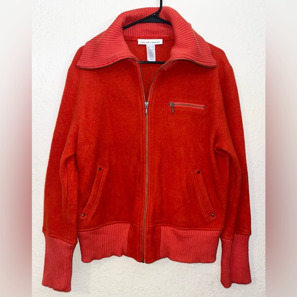 JONES NEW YORK SPORT Sz M Women's Blend Wool Jacket Full Zip‎ Red 3 Pockets EUC